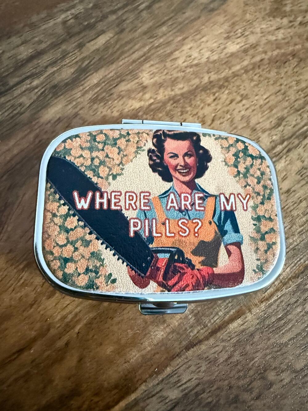 Funny "Where Are My Pills" Vintage Style Metal Pill Box Case with Mirror